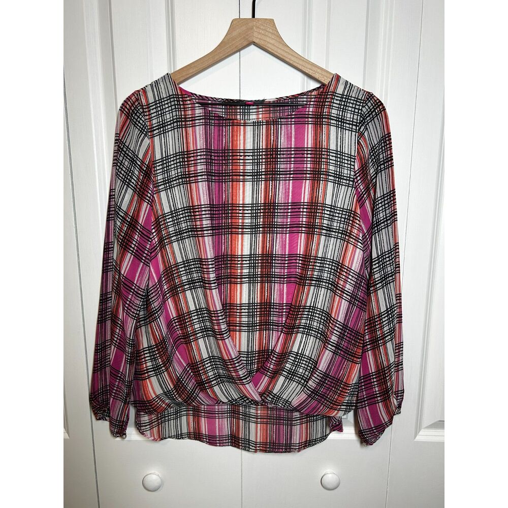 Vince Camuto Twist Front Plaid Blouse Pink Orange Black Medium